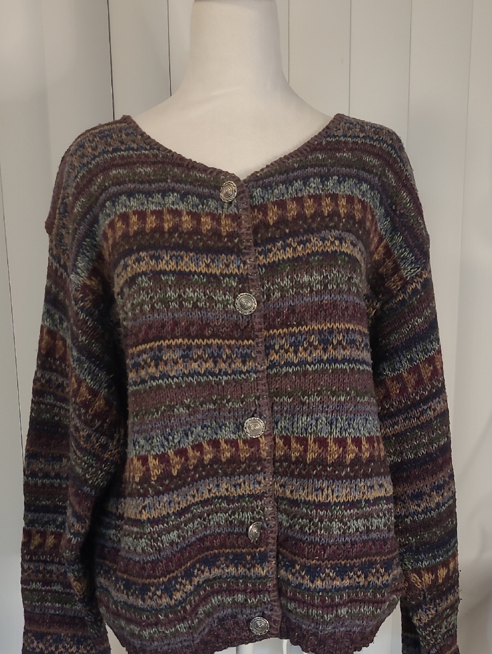 Vtg Coldwater Creek Multicolor Striped Knit Cardigan in Brown, Blue, Green